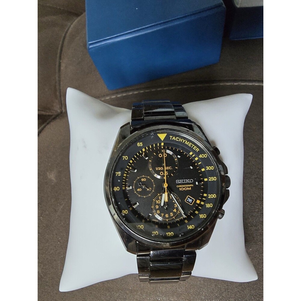 Seiko Chronograph 100M Black Stainless Steel Mens Watch Box Manual 7T92